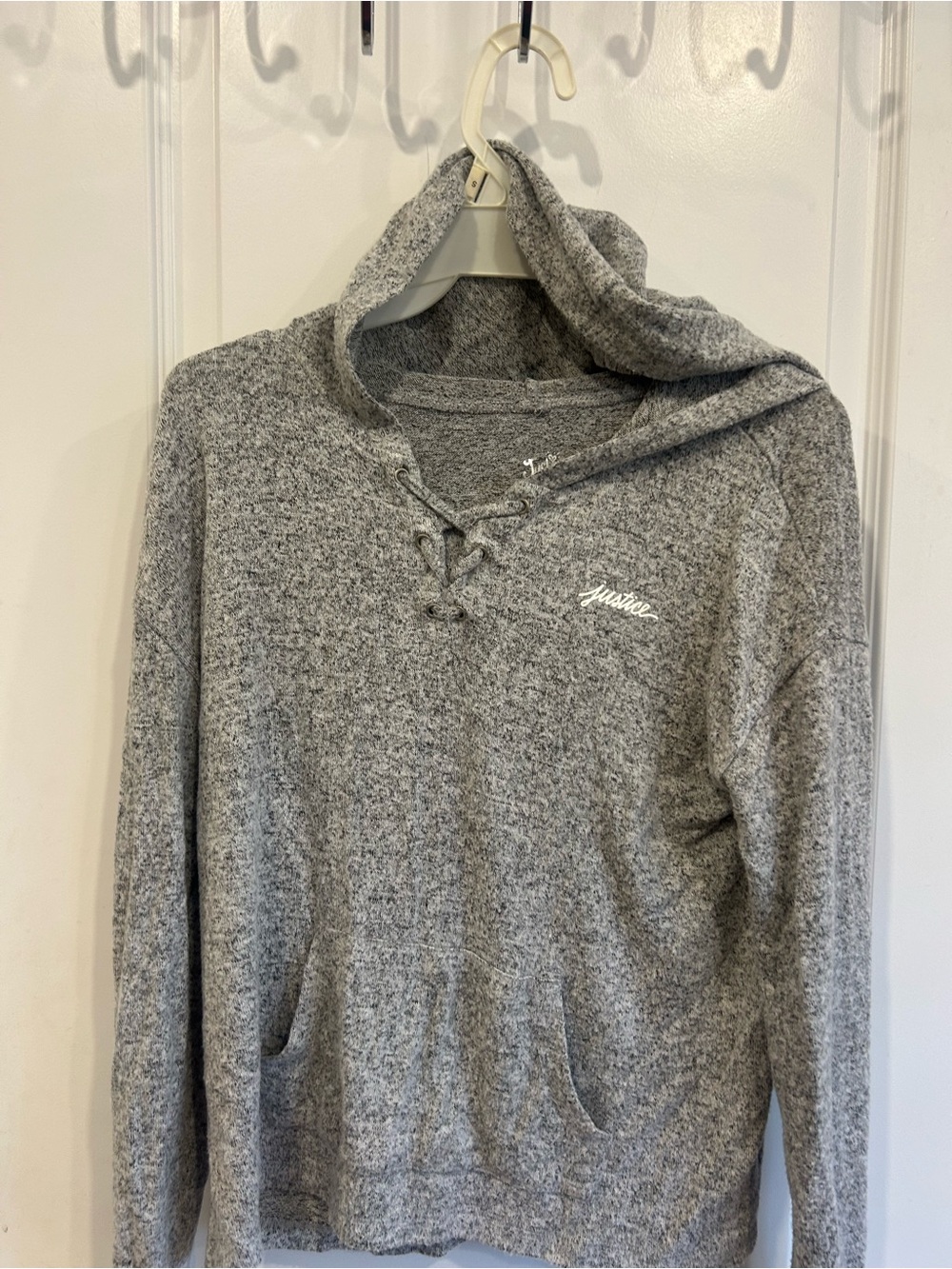 Justice Gray Lace-Up V-Neck Hooded Sweater